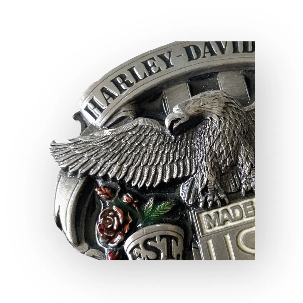 Vintage: Harley Davidson x Harmony Designs ©️1989 ☻ Eagle Rose Metal Belt Buckle Silver - Image 5