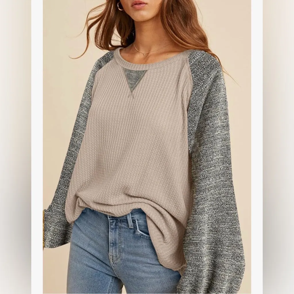 NEW Waffle Knit Top Casual Crewneck Contrast Long Sleeve Shirt Loose Pullover 2X Tan Size XXL - Image 5