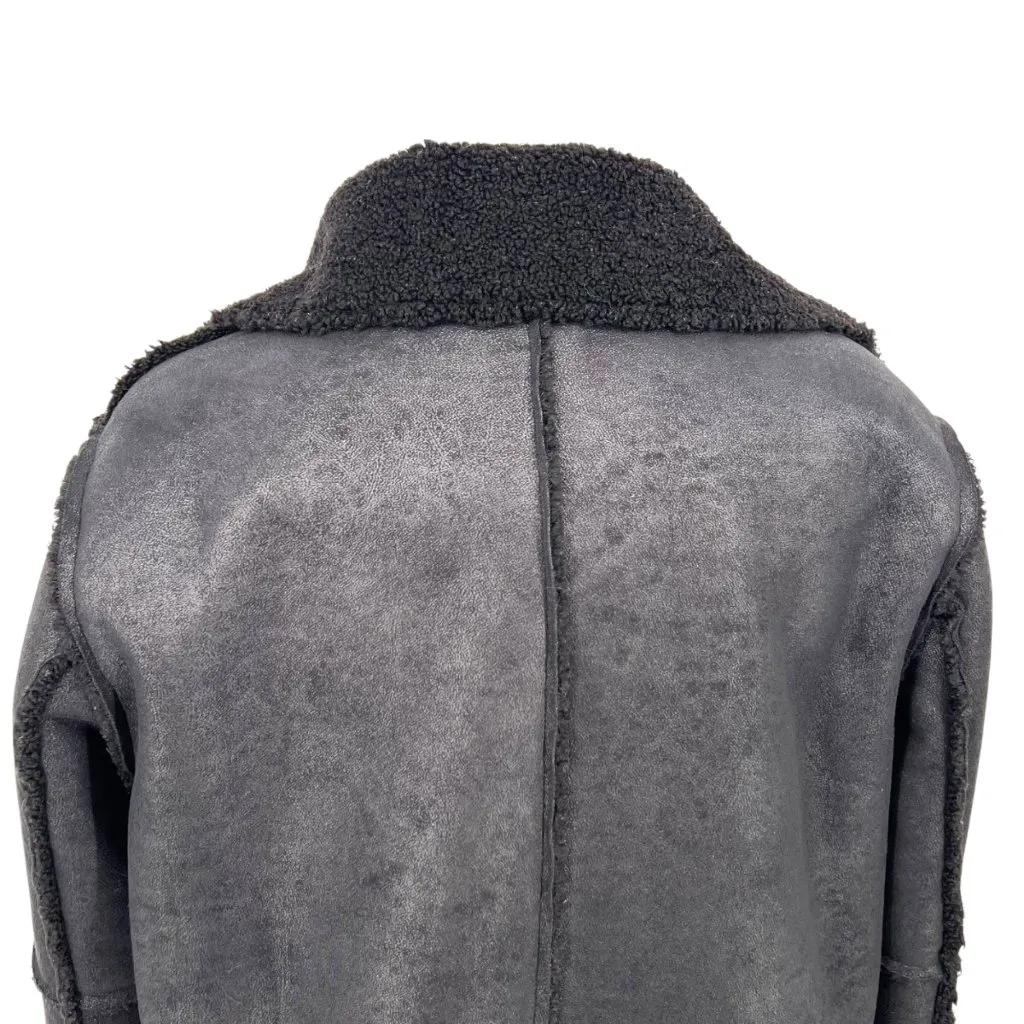 Velvet Faux Suede Sherpa Cozy Warm Jacket Notch Collar Black Size Large - Image 7