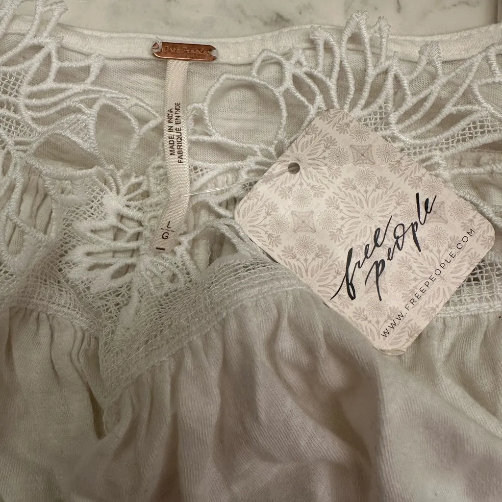 NEW Free People Kayla Tank Cami Boho Floral Lace Lettuce Hem Festival Ivory Sz L - Image 6