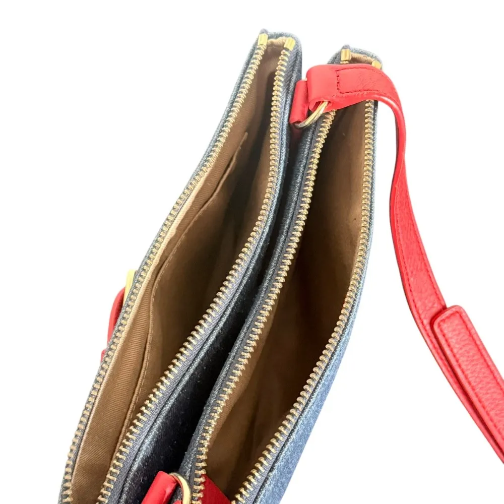 Talbots Denim Double Zip Crossbody Bag Red Leather Strap Buckle Accent‎ - Image 11