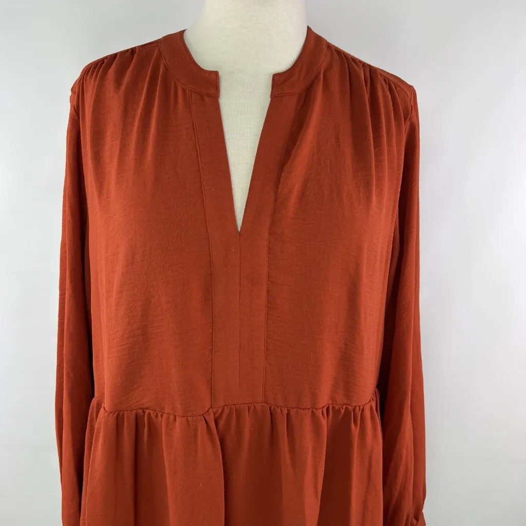 Vince Camuto Sz Large Orange Lined Dress Long Sleeves Ruffled Edge V-Neck - Image 2