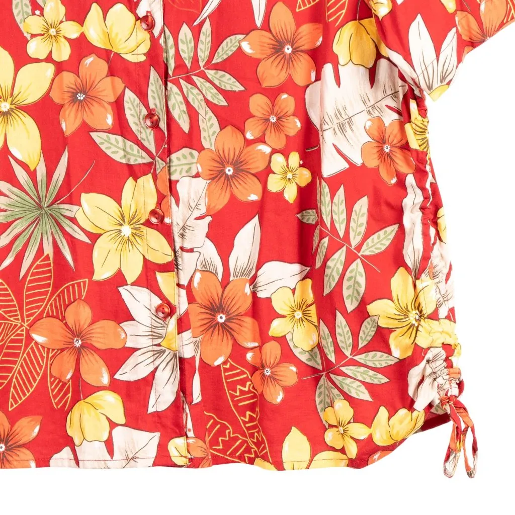 Pappagallo Hawaiian Shirt Womens XL Red Floral Ruched Drawstring Side Buttons - Image 3