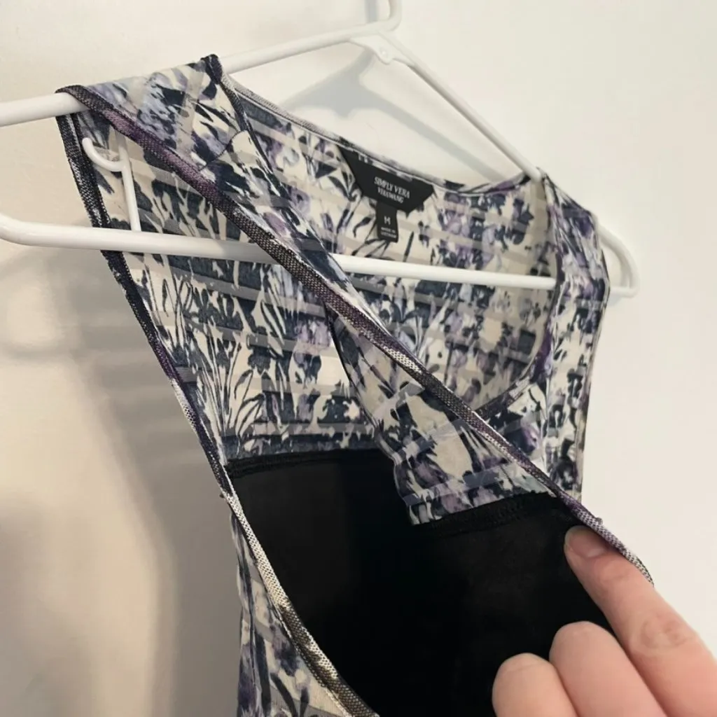 SIMPLY VERA VERA WANG Shadow Stripe Midi Dress Cream ? Navy Blue Purple Floral M - Image 7