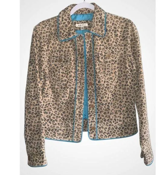 Yvonne & Marie Tan Leopard Print Turquoise Trim 100% Leather Hip Length Jacket 4 Blue - Image 1