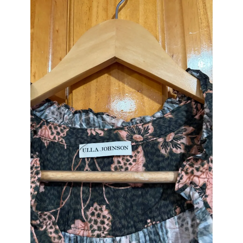 Ulla Johnson Floral Ruffle Midi Dress 00 Black Pink Boho Drawstring Waist Cotton - Image 7