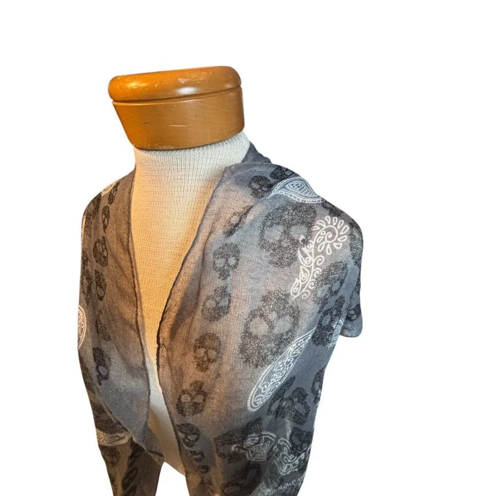 Lightweight Gray Scarf With Skull & Paisley Design Edgy Fashion Accessory Unisex Gray - Image 2