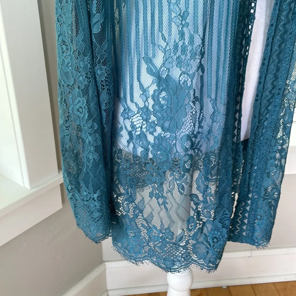 Grace & Emma Teal Blue Sheer Lace Boho Bell Sleeve Cardigan Size S/M NWT Size M - Image 2