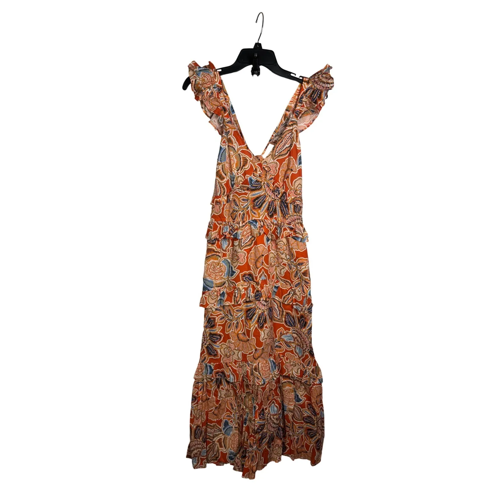 MISA Los Angeles Orange Floral Print Ruffle Tiered Midi Dress Size Small - Image 6