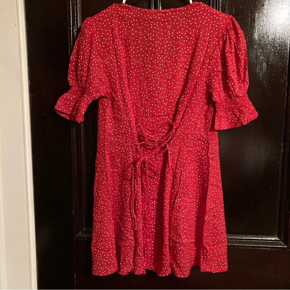 NASTY Gal Red and White Polka Dot Print Button Front Puff Sleeve Mini Dress - Image 5