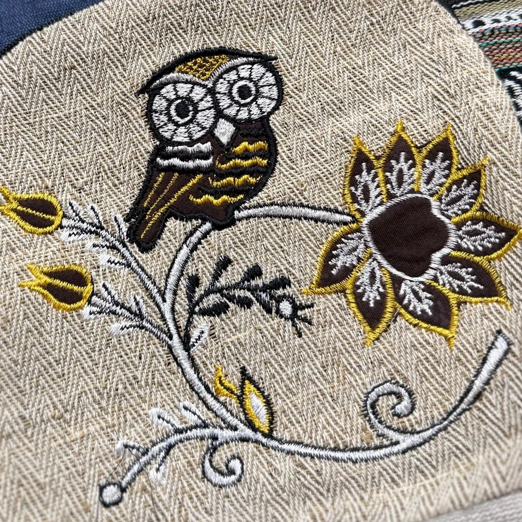 Owl Hemp Backpack Bag Boho Nepal School Travel Blue - Image 2