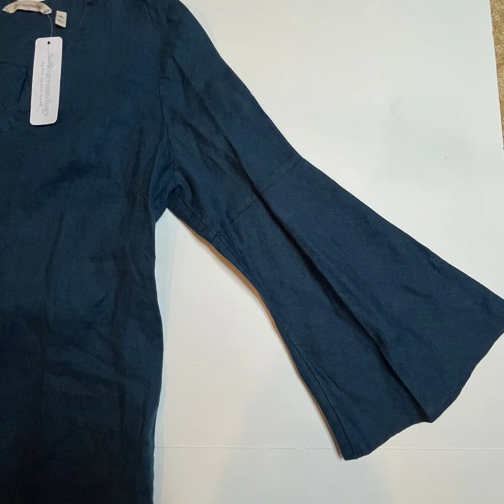 Soft Surroundings Milano Linen Dress Sunstruck SZ PM Blue Navy Long Sleeve Knee - Image 4