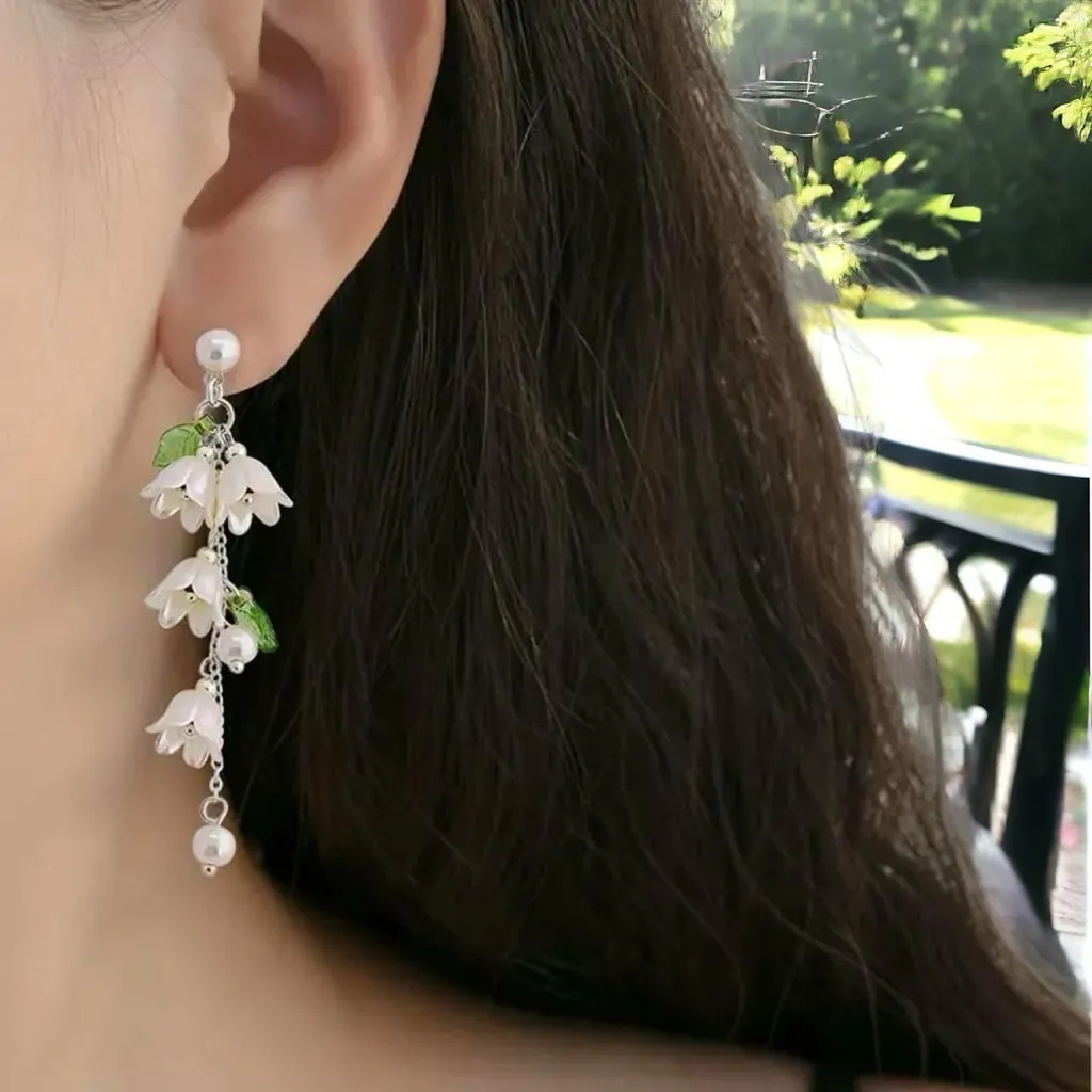 Exquisite Lily Of Valley Design Earrings Elegant Style Resin‎ Silver Plated Gold - Image 8