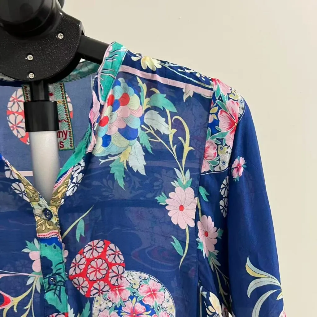 NWOT Johnny Was Blue Floral Kimono Ellyonora Half Placket Tunic Shirt Dress S - Image 6