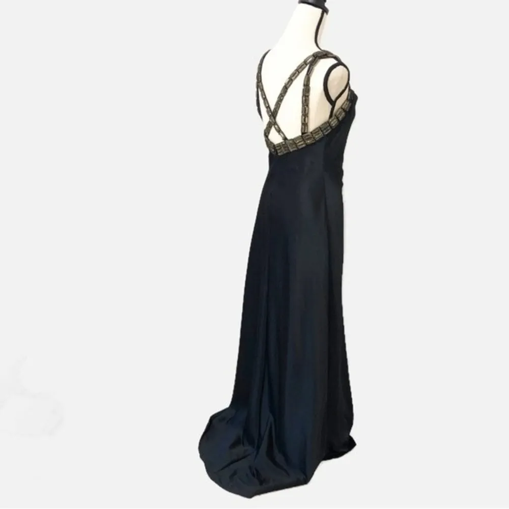 Black Formal Dress Evening Gown Calvin Klein Size 2 Gold Straps Satin - Image 3
