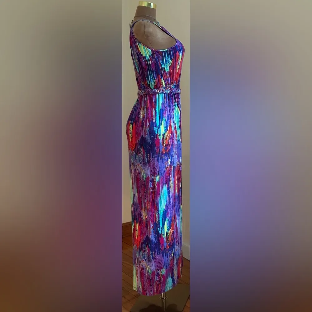 Presley Skye Multi Bright Colors Halter Top V Neck In Back Summer Dress Sz S Pink - Image 3