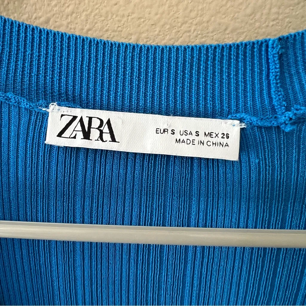Zara Ribbed Shirt Top Tunic Womens Small Blue Scoop Neck Dress Blouse Bodycon - Image 2