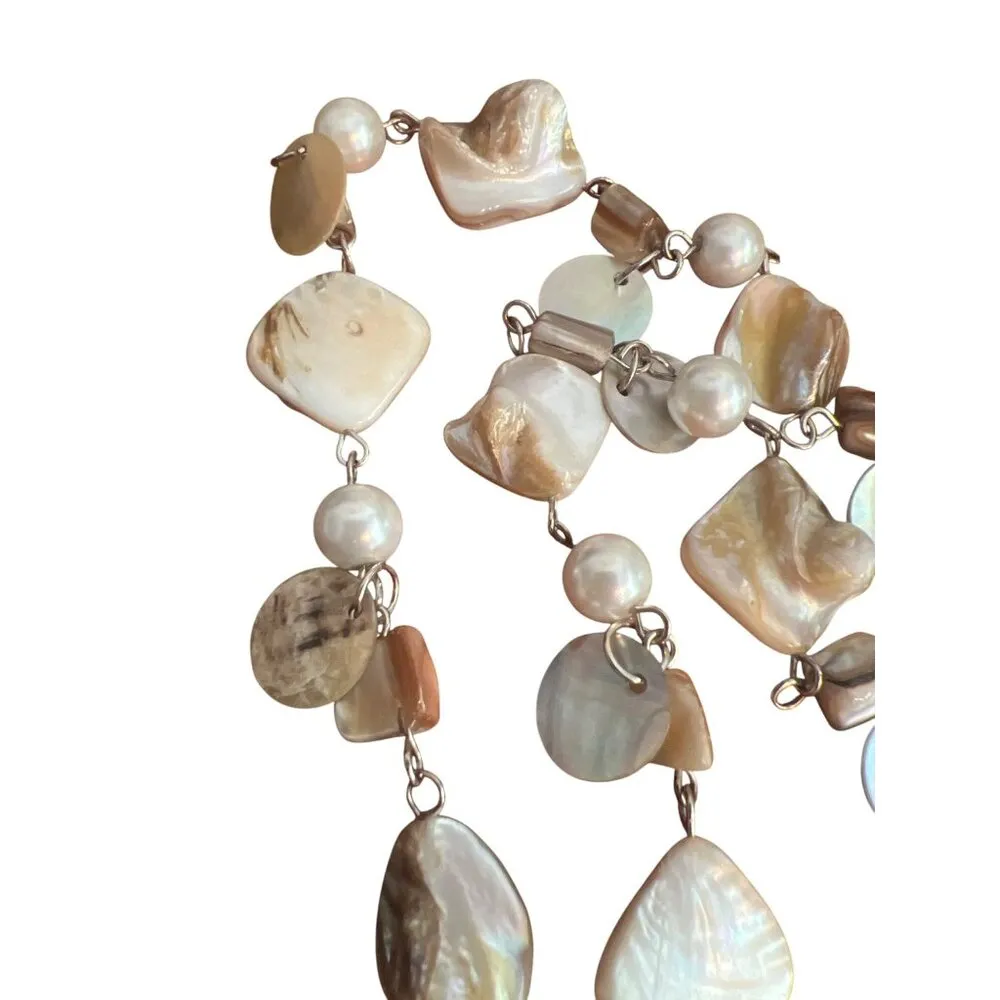 Chunky Multi Strand Mother Of Pearl Shell Faux Pearl Necklace Vacation Adj 19" White - Image 3