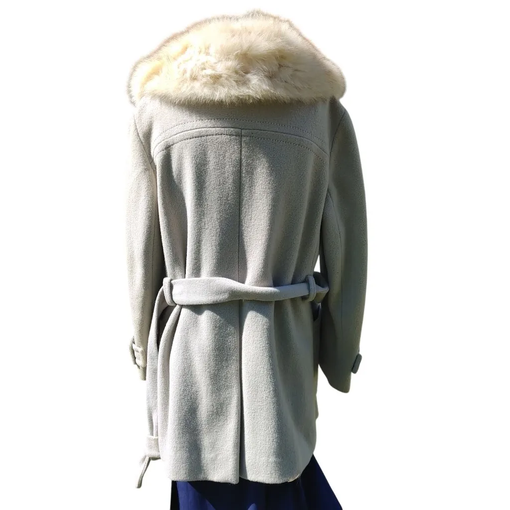 Real Fox Fur Collar Coat Belt Light Gray Wool Satin Lining Project or Parts Size 12 - Image 11