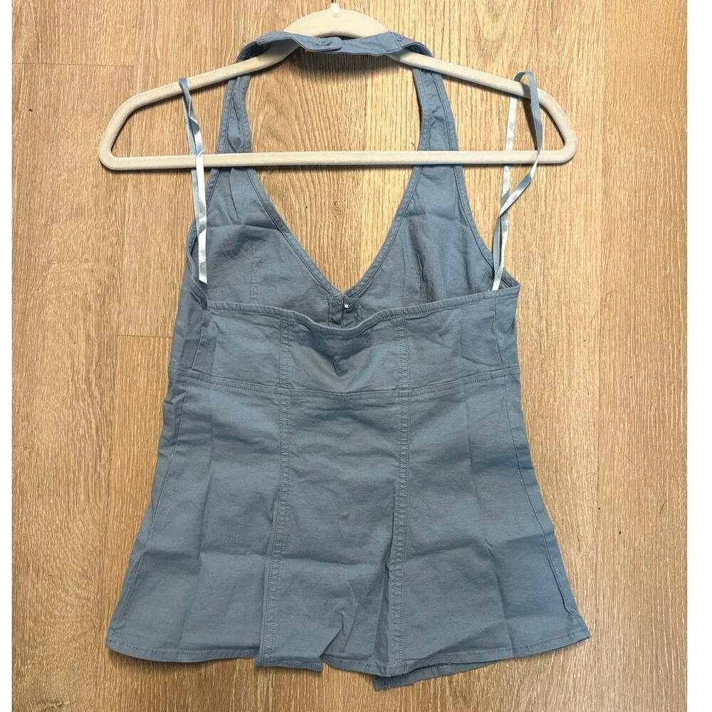 NWT Urban Outfitters Sari Seamed Linen-Blend Halter Vest Top In Blue Size XXS - Image 6