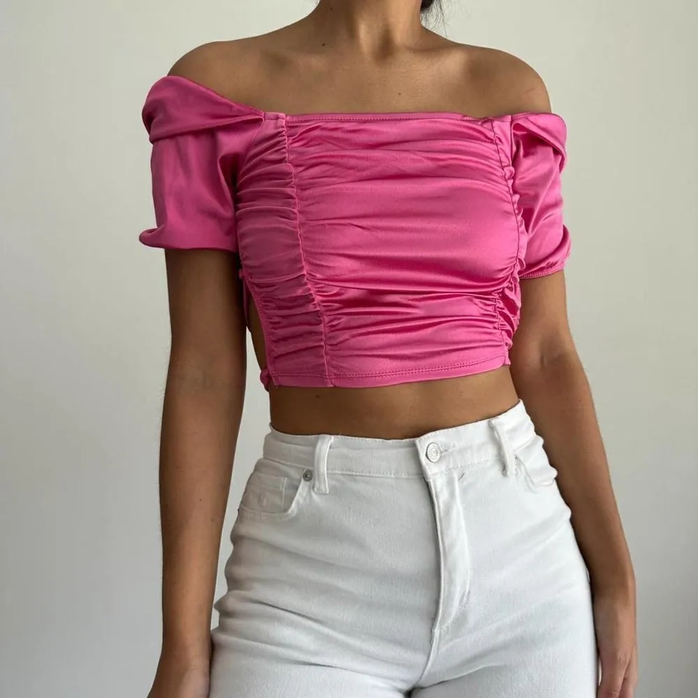 NEW Hot pink metallic barbie lace up crop top Pink Size L - Image 3