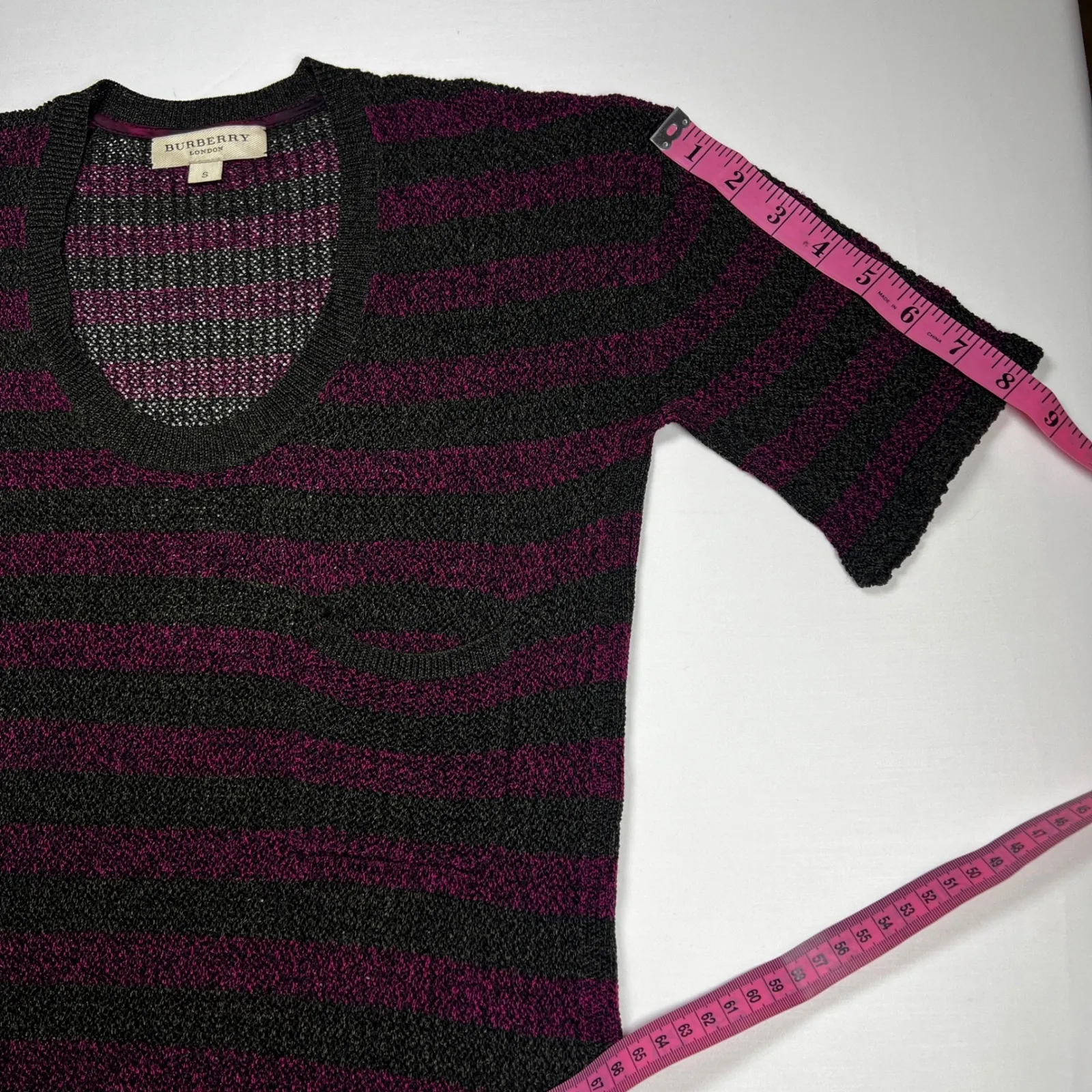 Burberry London Knit Mini Dress Striped Purple Black Short Sleeve S - Image 7
