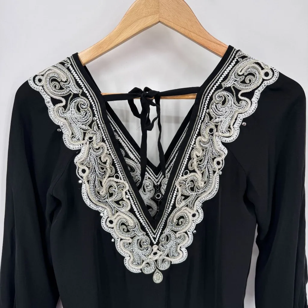 White House Black Market Top Womens S Black Silk‎ Sparkle Embroidered Old Money - Image 5