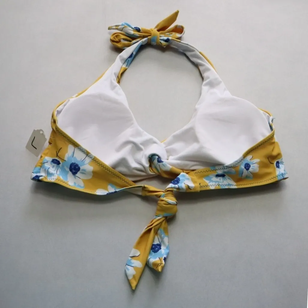 Yellow‎ Floral Padded Halter Tie Knot Boho Swim Sports Bra Bikini Top L Large Yellow - Image 2
