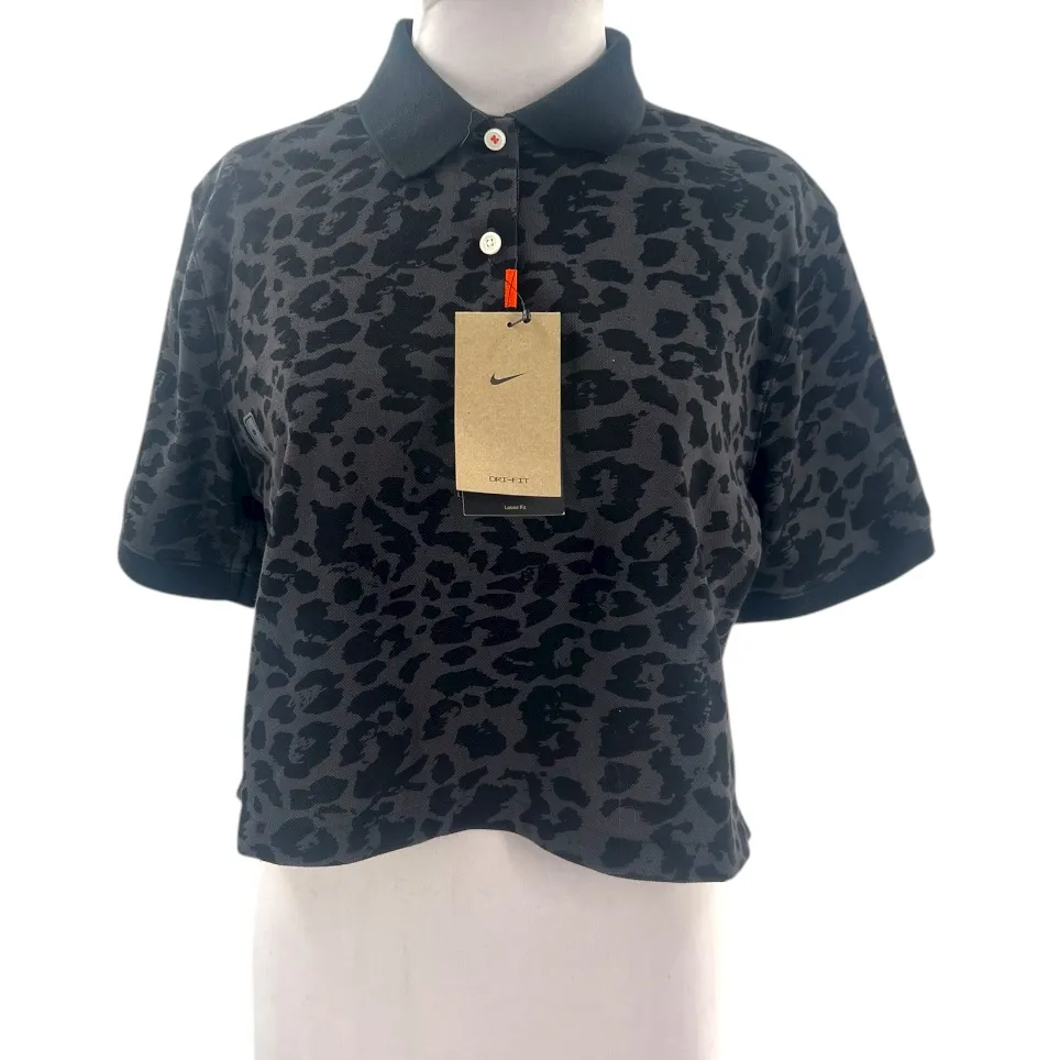 Nike Dri-Fit Leopard Print Golf Polo Shirt Black Cropped Loose Fit Womens Sz XS - Image 5