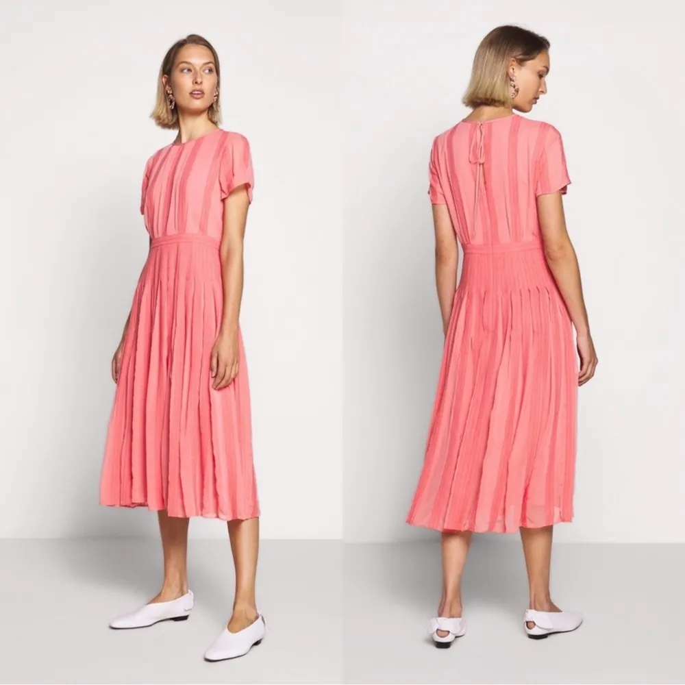 J. Crew Embroidered Flowy Chiffon Short Sleeve Pleated Skirt Midi Dress Pink 6 - Image 3