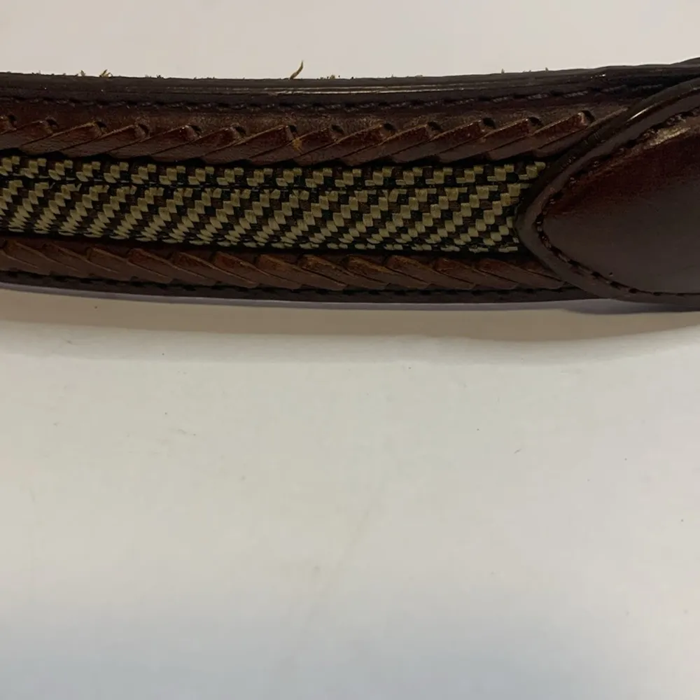 BROWN LEATHER BELT WITH BLUE TWEED LIKE STRIPE SIZE 38 UNISEX - Image 2