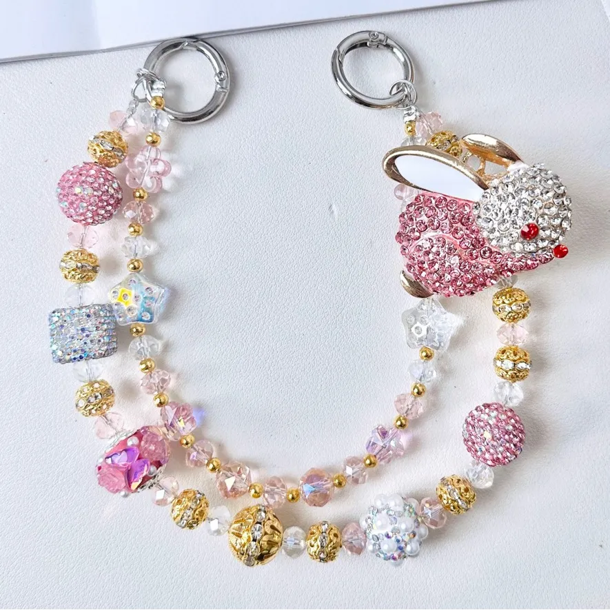 🐰Luxury Bag/Phone Chain Charm/Keychain Sparkly Bling Beads Rhinestone Pink Bunny - Image 4