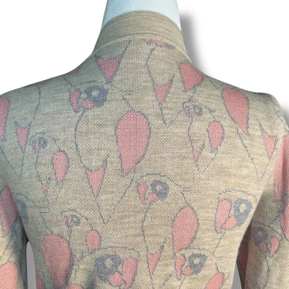 JILL Pastel Oatmeal Light Pink Parrot Animal Print Knit Cropped Cardigan Sweater Tan - Image 7
