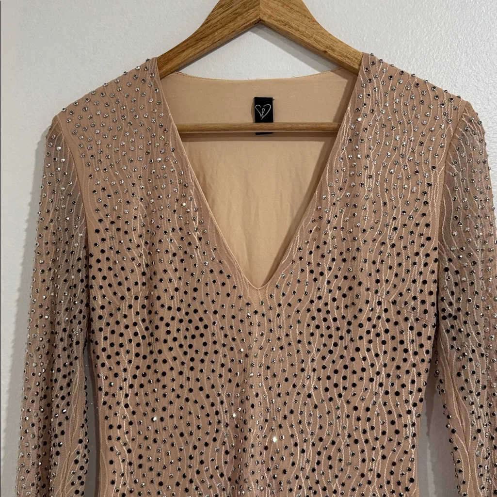 Windsor Sequin V-Neck Long Sleeve Dress - Tan EUC - Image 2