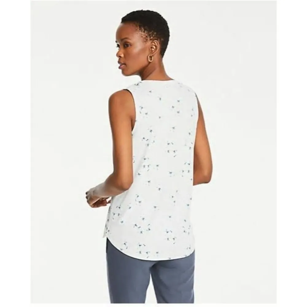 Ann Taylor Pale Blue Floral Split Neck Sleeveless Blouse S - Image 2