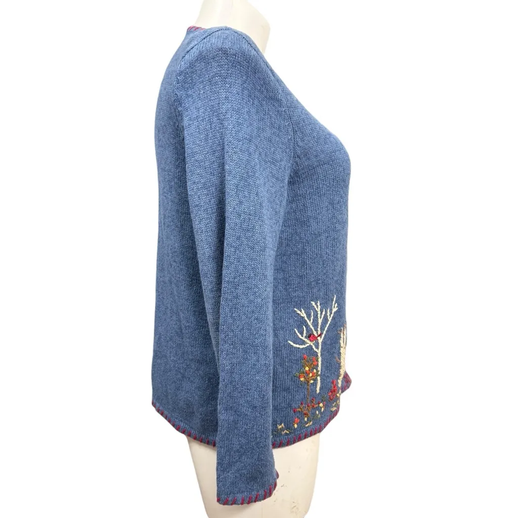 Vintage Breckenridge Woman 1X Blue Embroidered Cardinal Tree Cardigan - Image 4
