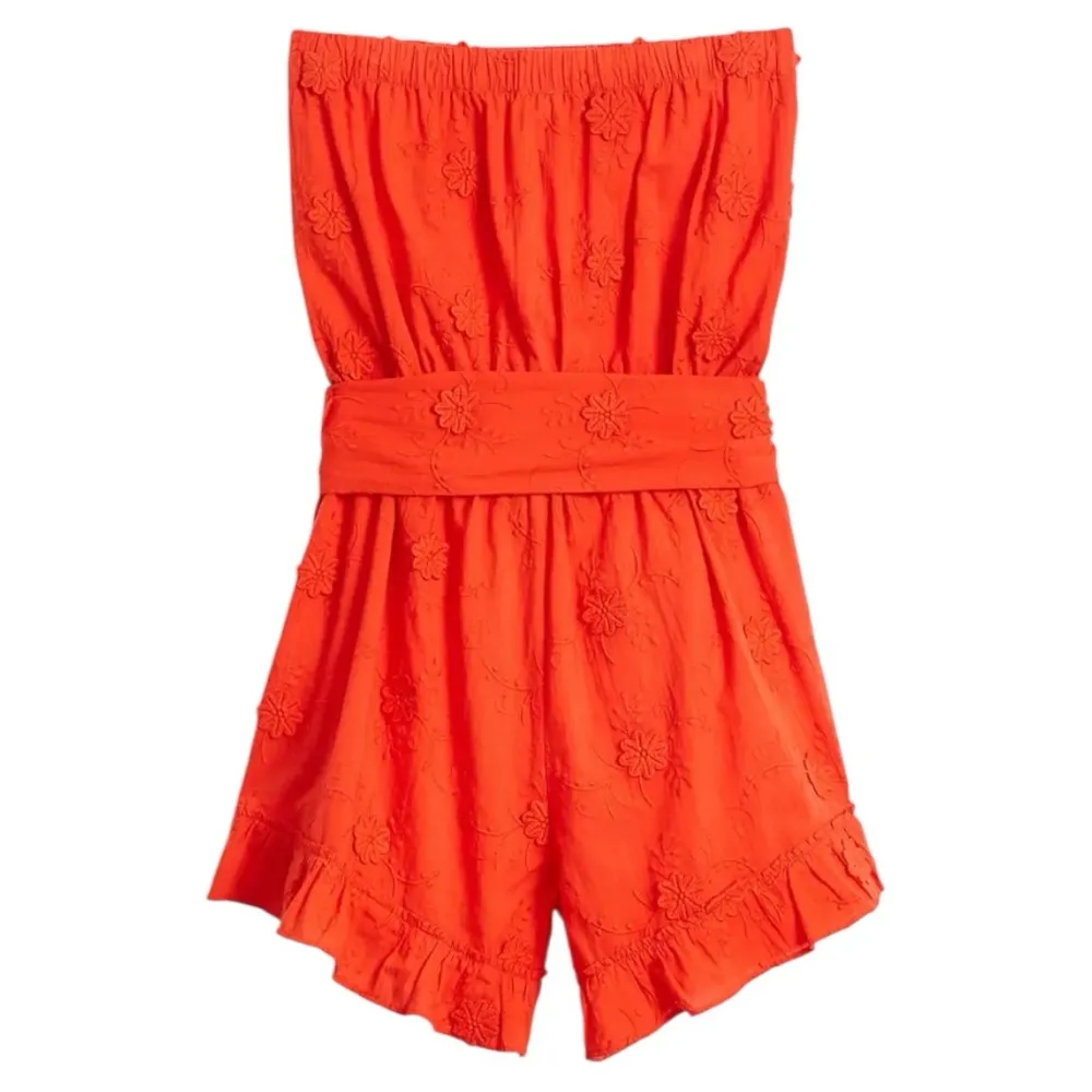 LOFT Beach Floral Embroidered Strapless Romper Red Orange Sz Medium NWT - Image 3