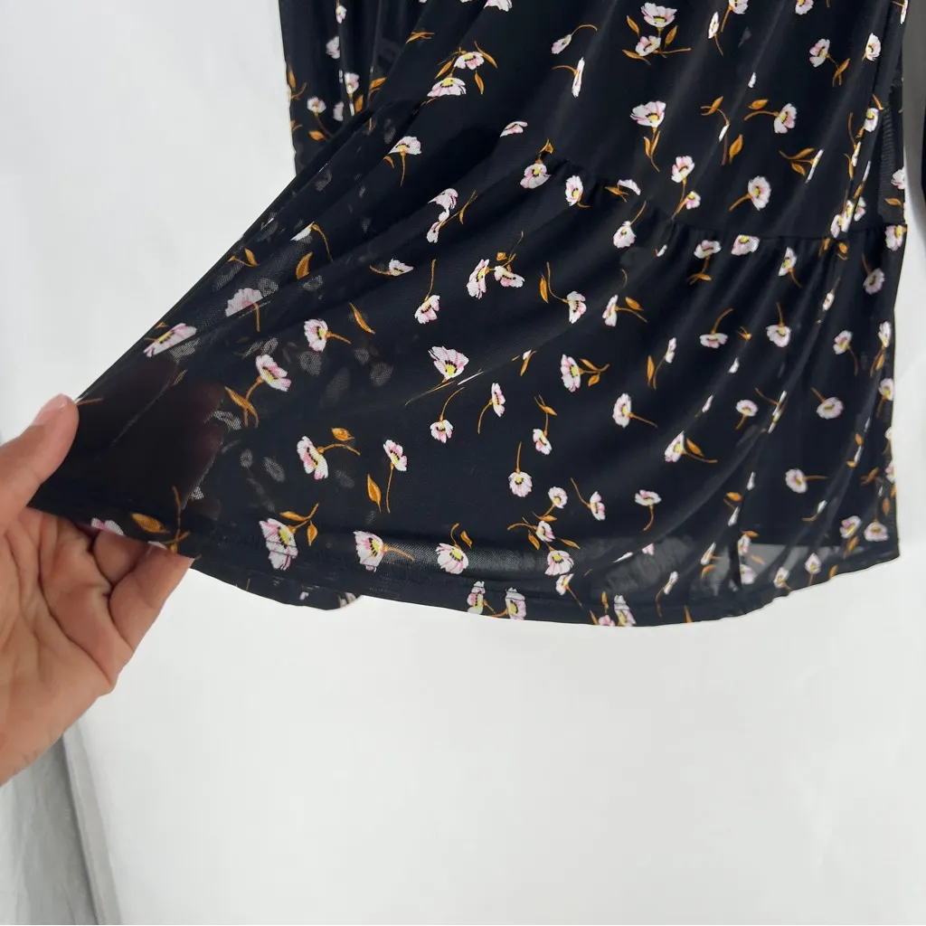 AFRM Noir Spring Floral Sheer Mesh Tiered Long Sleeve Mini Babydoll Dress Size M Black Size M - Image 8