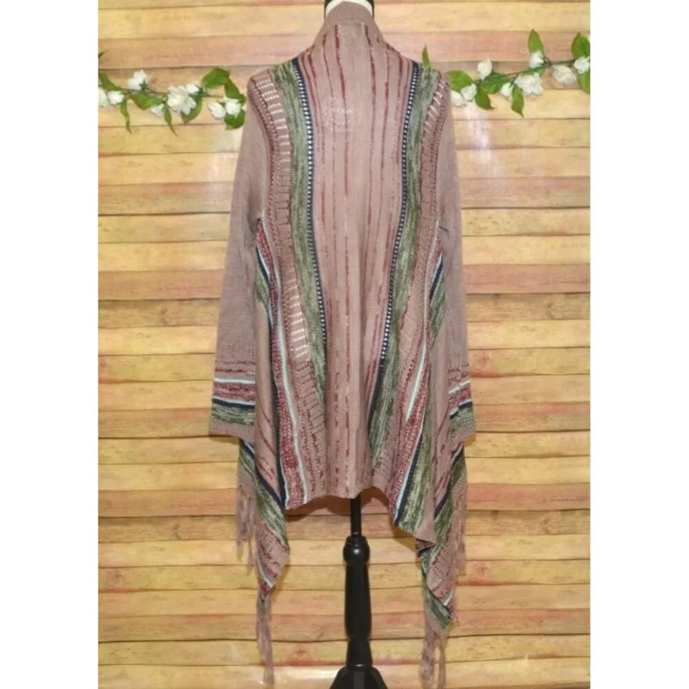 NWT Umgee Open Front Boho Fringe Cardigan Sweater Size M Fringe Long Sleeve Neut - Image 7