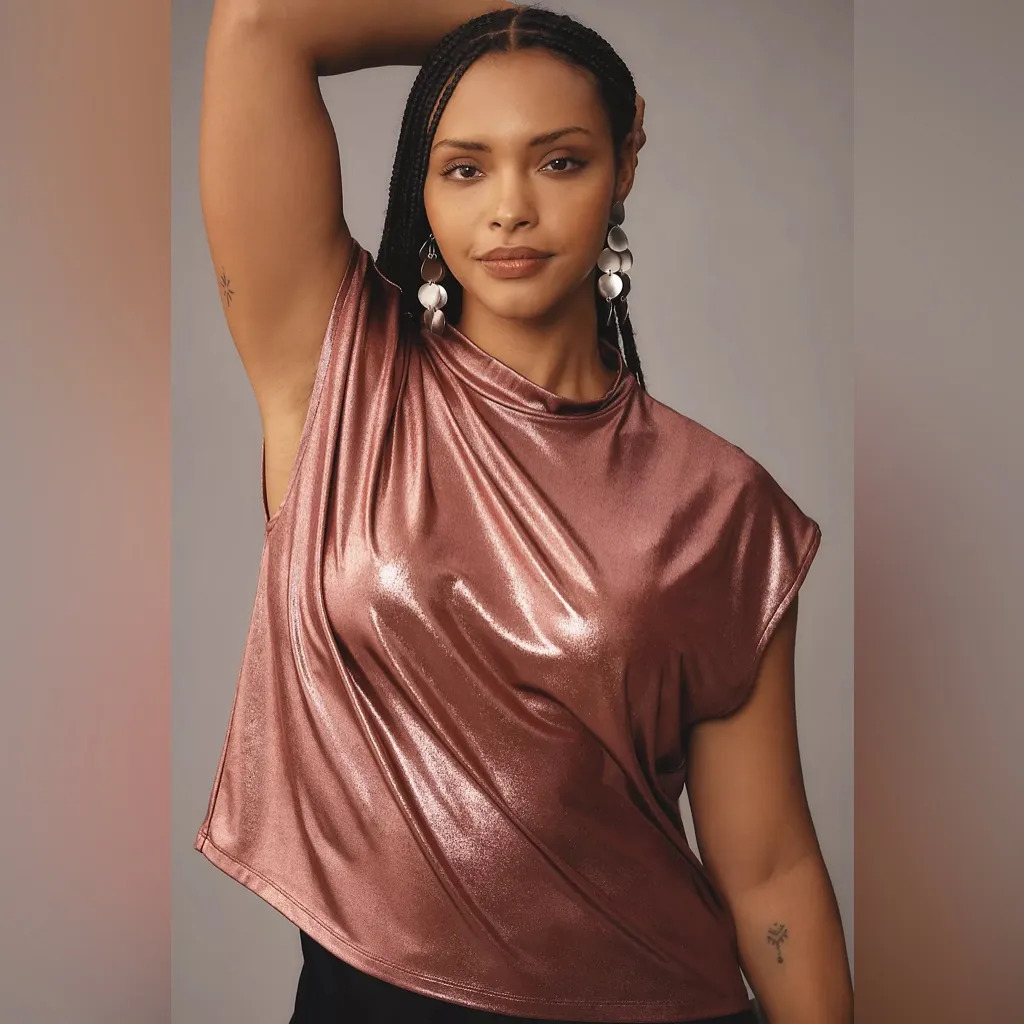 By Anthropologie • Cowl-Neck Liquid Shine Top Pinkish Red - Image 6