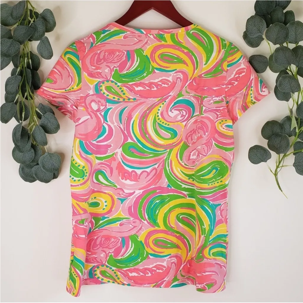 Lilly Pulitzer Michele V Neck Swirls Flamingo Top | Large - Image 5