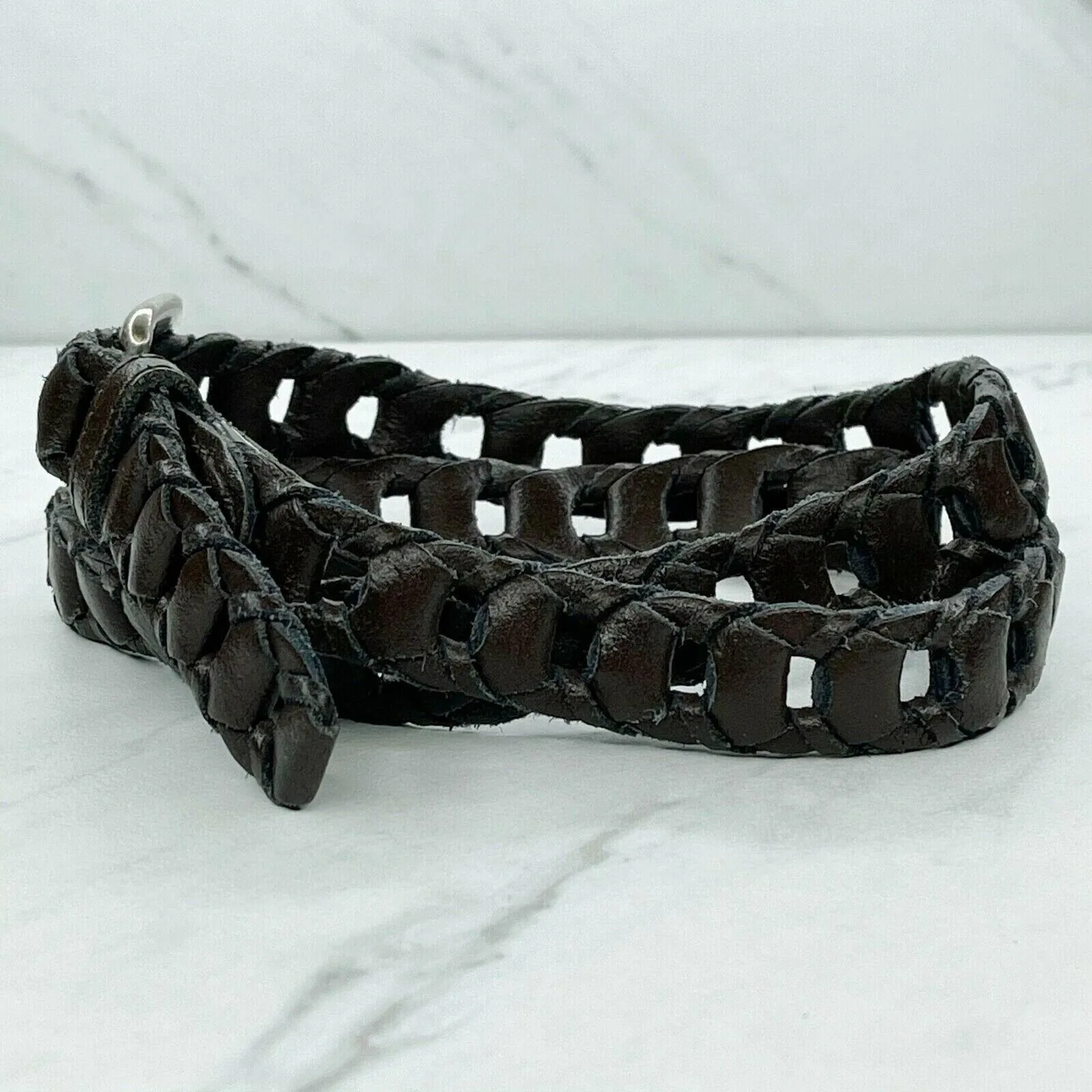 Vintage Brown Woven Leather Belt Silver Buckle Medium (M) ✨ - Image 2