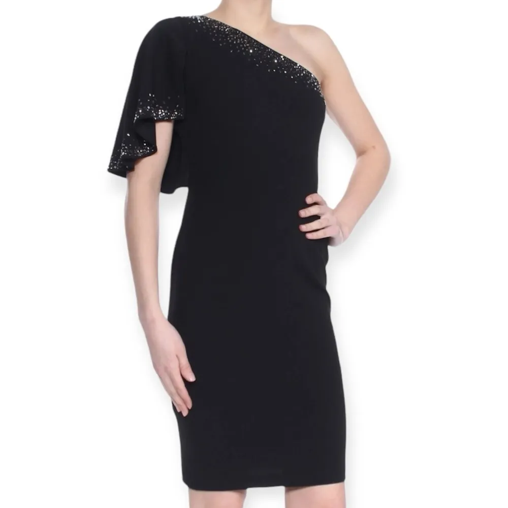 NWT Calvin Klein Women's One-Shoulder Black Ruffle-Sleeve Cocktail Dress Sz 2 - Image 3