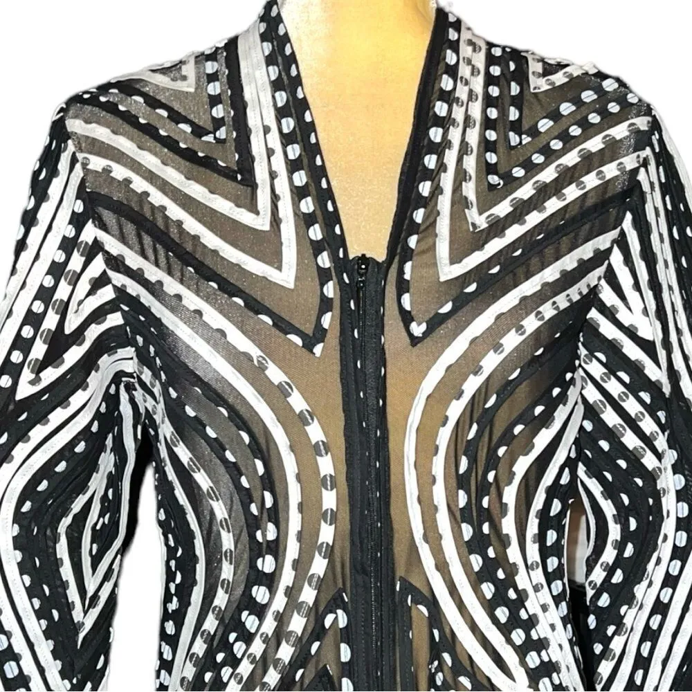 Peck & Peck awesome semi sheer black zip front jacket with white abstract design - Image 3