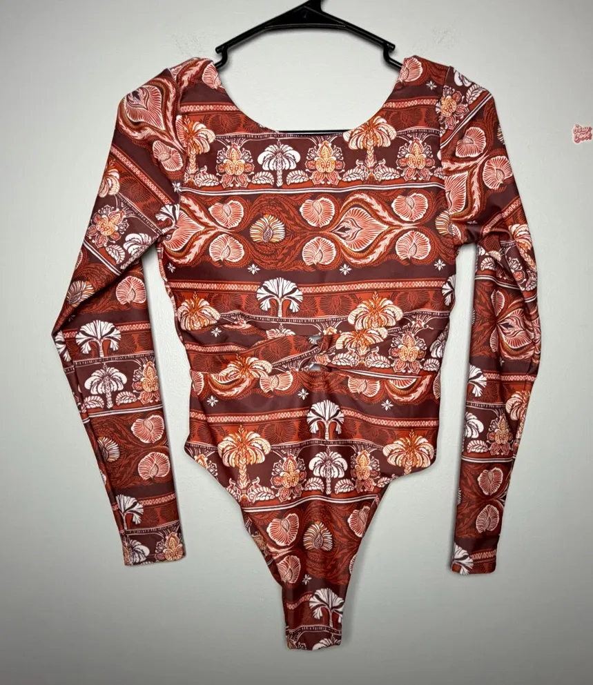 PHAX Twist Front Long Sleeve One Piece Boho Paddlesuit Swimsuit Women’s S Resort Orange - Image 1