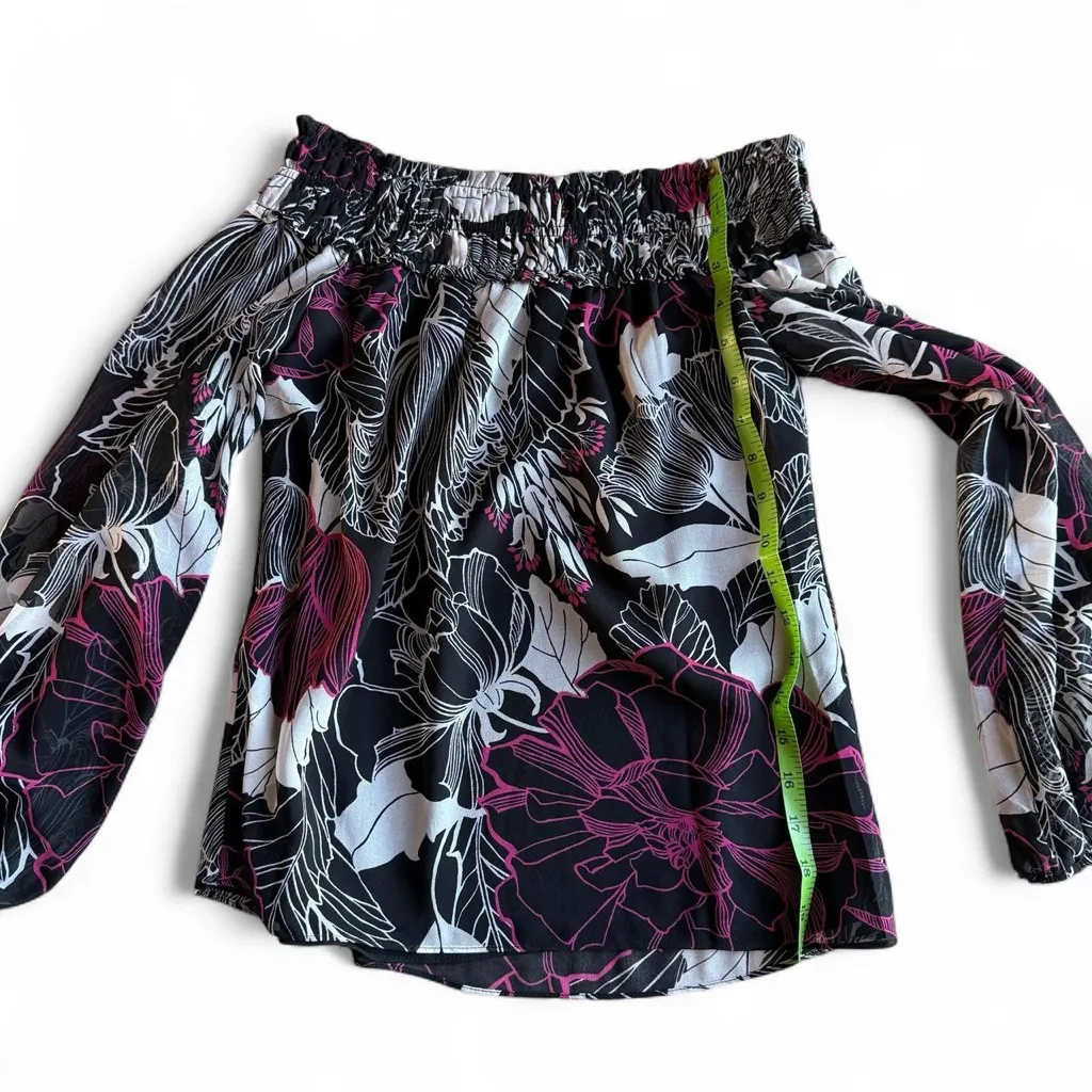 White House Black Market Floral Off-Shoulder Blouse - Black and Purple - Image 6