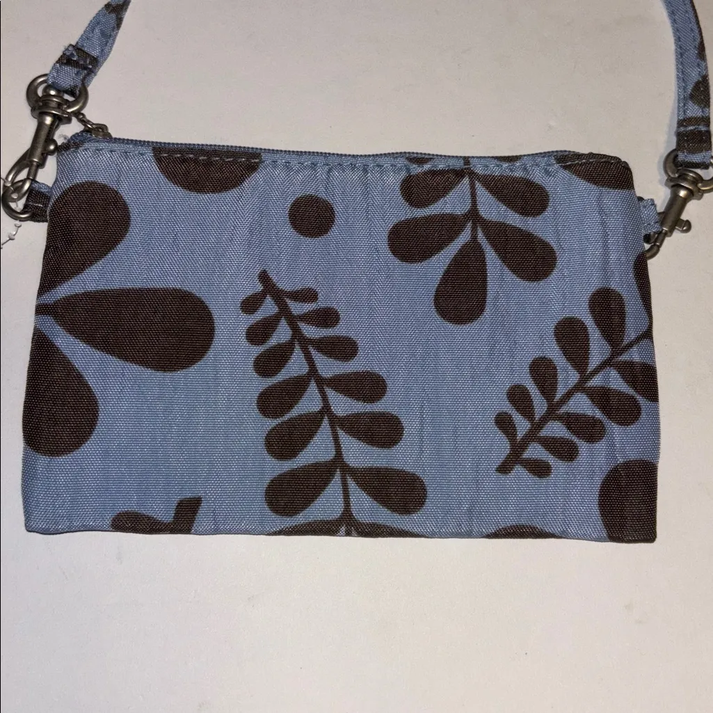 BLUE AND BROWN NYLON/CANVAS LIKE MINI PURSE DETACHABLE HANDLE WILL HOLD IPHONE - Image 2