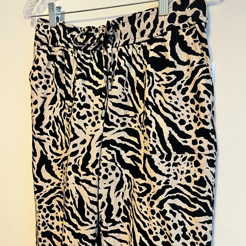 New Calvin Klein Linen Blend Black & Tan Animal Print Casual Pants Size: Small - Image 5