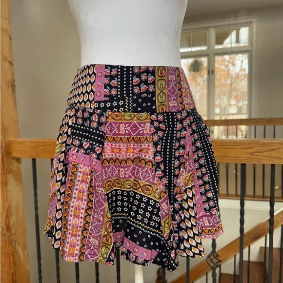 Anthropologie RAGA Bohemian Patchwork Skirt pink black yellow boho skater - Image 2