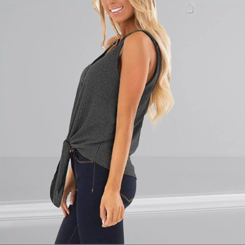 Lightweight gray waffle style tie hem top Gray Size M - Image 3